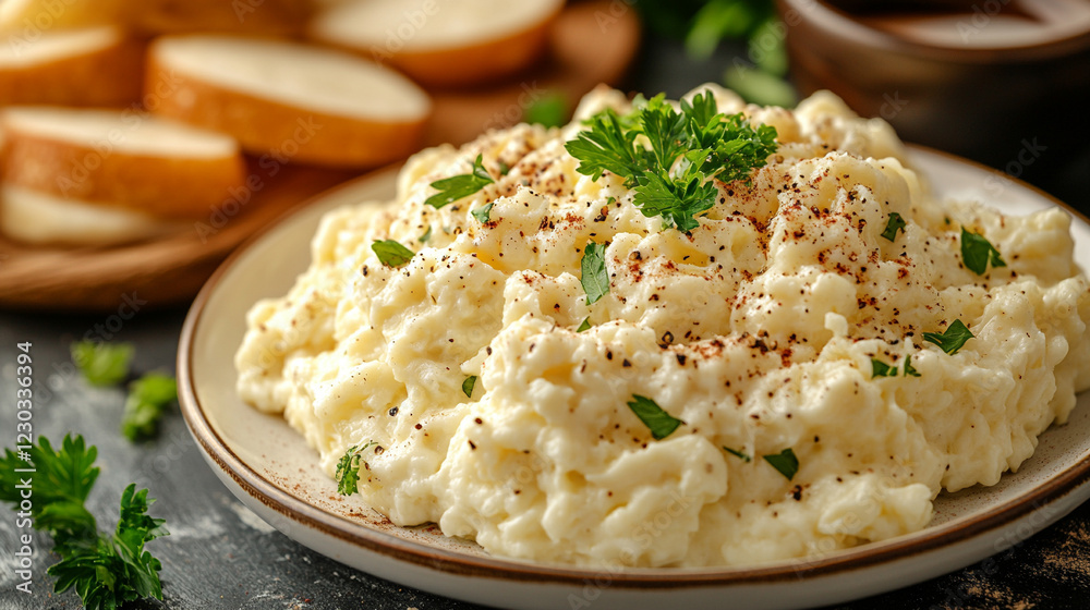 Fluffy scrambled eggs on a white plate symbolize simplicity and comfort in breakfast cuisine with minimalistic bright tone and blurred empty caption space on the side Fluffy scrambled eggs on a white plate symbolize simplicity and comfort in breakfast cuisine with minimalistic bright tone and blurred empty caption space on the side