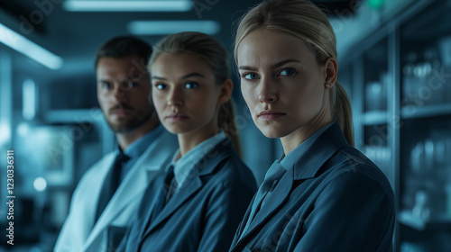 A group of four forensic investigators, two men and two women, dressed in professional crime scene uniforms, standing in a high-tech forensic lab with blurred DNA analysis tools in the background photo