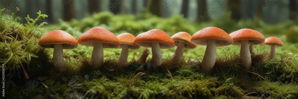 Row of deadly webcap mushrooms on a carpet of moss, wild mushroom field, UK, woodland Row of deadly webcap mushrooms on a carpet of moss, wild mushroom field, UK, woodland