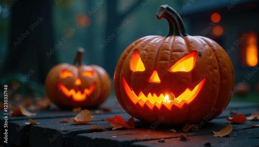Obraz premium Jack O Lantern glowing in the dark with a lit candle inside its mouth, orange, festive