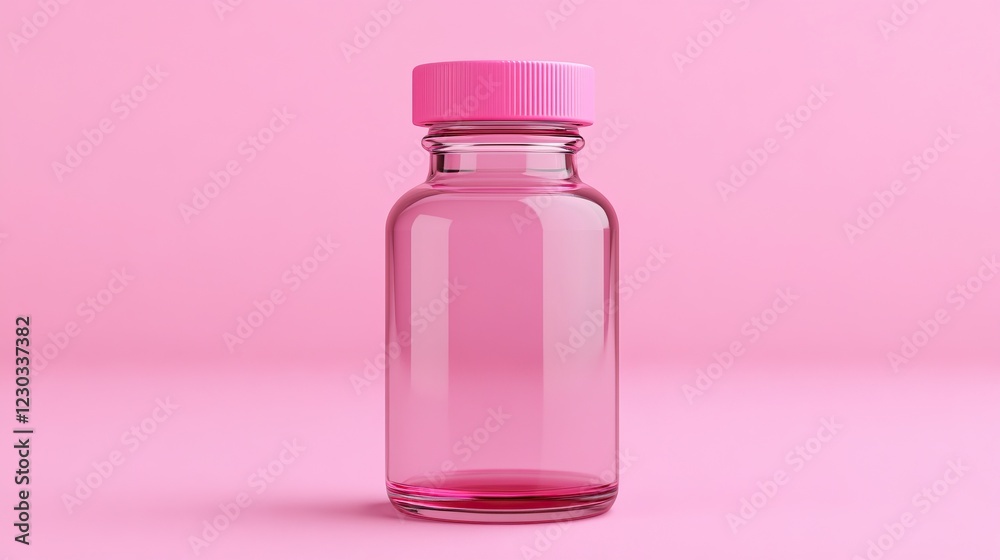 A clear glass bottle mockup with a pink cap, set against a soft pink background, exuding a modern and minimalistic aesthetic. A clear glass bottle mockup with a pink cap, set against a soft pink background, exuding a modern and minimalistic aesthetic.