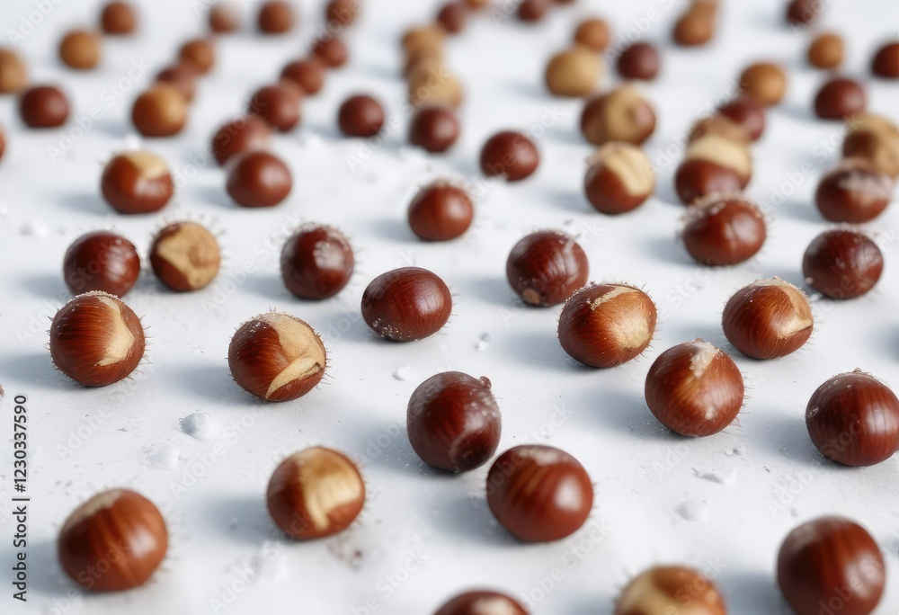 Scattered small brown chestnuts on a snowy white surface, with some subtle visual effects or atmosphere , scattered objects, chestnuts Scattered small brown chestnuts on a snowy white surface, with some subtle visual effects or atmosphere , scattered objects, chestnuts
