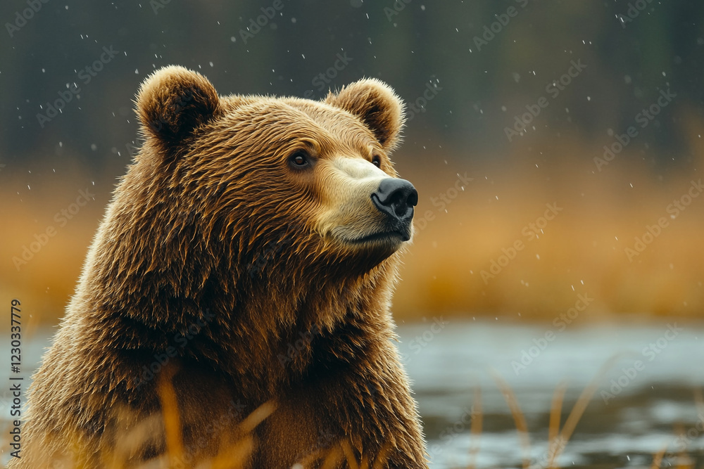 Obraz premium Majestic Grizzly Bear in Rain Amidst Nature