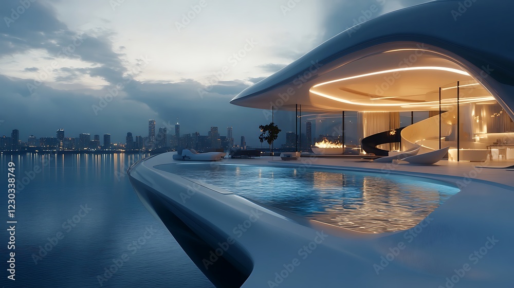 Naklejka premium Stunning architecture contemporary house stylish poolside elegant warm glowing night atmosphere