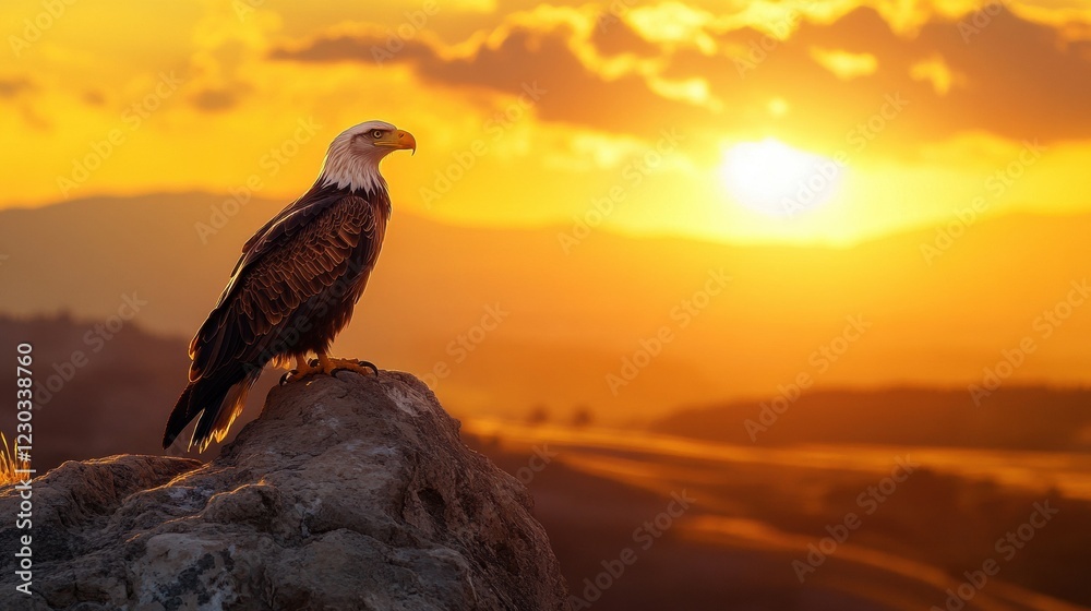 Fototapeta premium Eagle perched on a rock with golden sunset in background