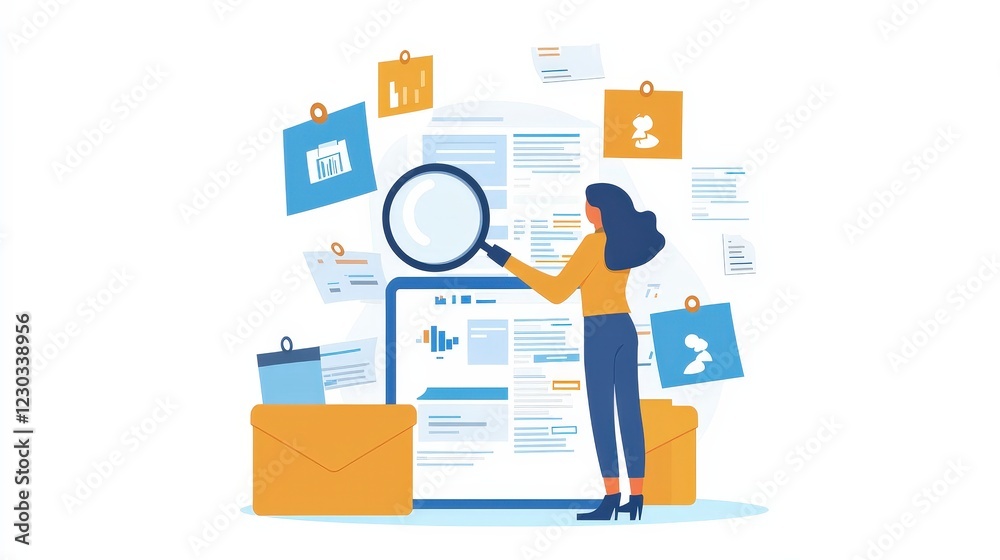 Woman Analyzing Data with Magnifying Glass and Documents Woman Analyzing Data with Magnifying Glass and Documents