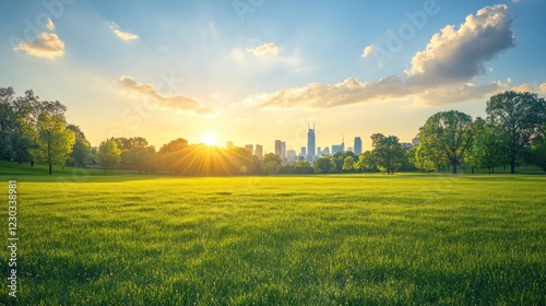 Vibrant sunset over a lush green park with a city skyline in the distance.