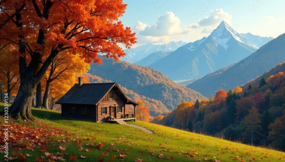 Rolling hills and mountains covered in autumn leaves and tall oak trees surrounding a peaceful cabin, oak, landscape, serene Rolling hills and mountains covered in autumn leaves and tall oak trees surrounding a peaceful cabin, oak, landscape, serene