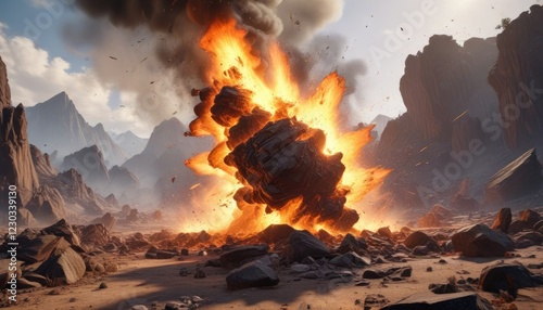 Shattered landscape with smoky shrapnel and a fiery explosion, rubble, explosion