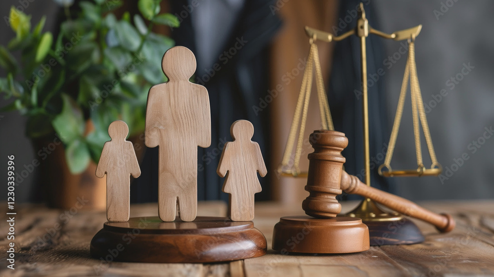 Close up of wooden figurines of family with child and gavel on background of judge conducting divorce process, Concept of alimony, family law and child custody