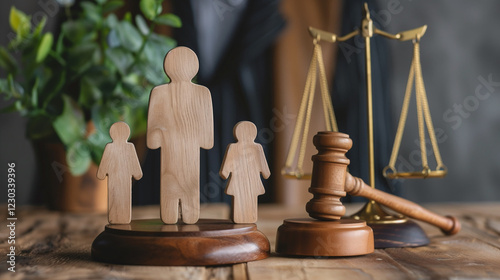 Obraz na płótnie Close up of wooden figurines of family with child and gavel on background of judge conducting divorce process, Concept of alimony, family law and child custody w salonie