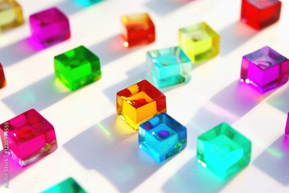 Vibrant Colorful Glass Cubes Casting Shadows on White Surface Vibrant Colorful Glass Cubes Casting Shadows on White Surface
