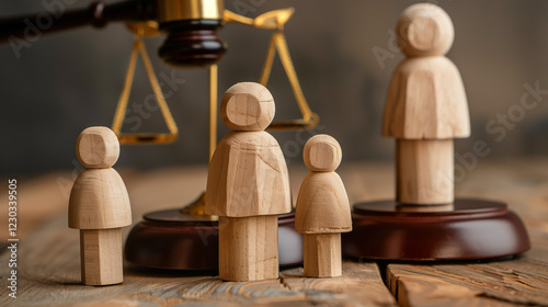 Close up of wooden figurines of family with child and gavel on background of judge conducting divorce process, Concept of alimony, family law and child custody