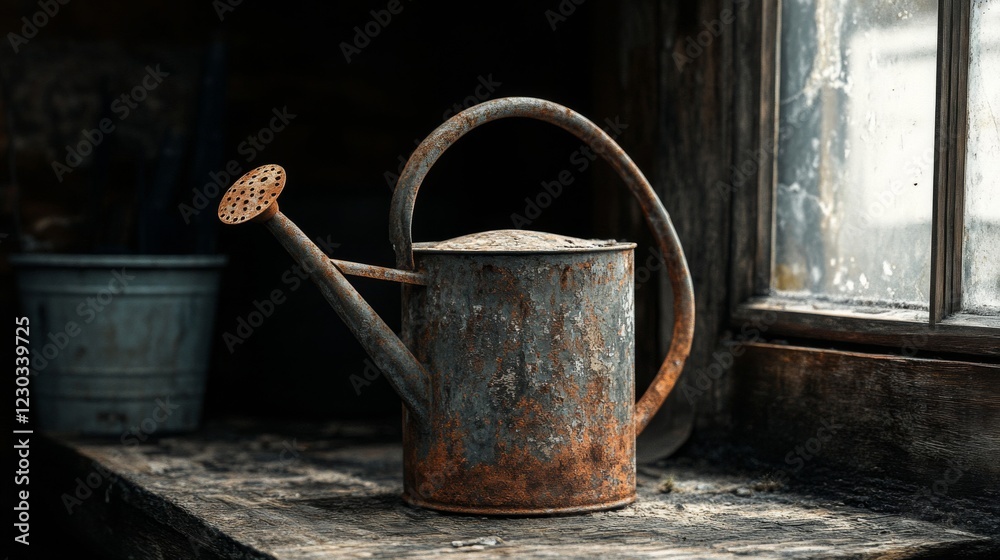Rusty Watering Can by Old Window in Rustic Setting Rusty Watering Can by Old Window in Rustic Setting