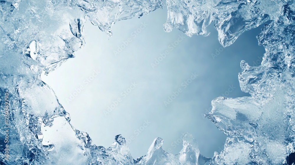 Fototapeta premium A serene view through a crystal-clear ice frame, showcasing a tranquil blue sky and the intricate patterns of frozen water.