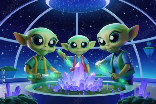 Three adorable alien creatures examine a glowing purple crystal in a spaceship, a captivating scene.