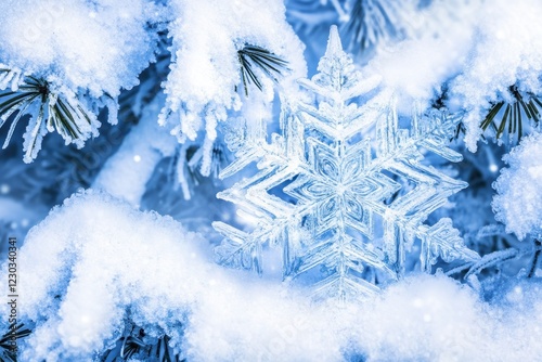Intricate Snowflake on Snowy Pine Branches Captured in Winter Wonderland