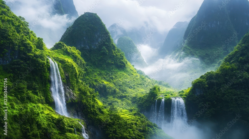 Lush green mountains, cascading waterfalls, misty valley, travel poster Lush green mountains, cascading waterfalls, misty valley, travel poster
