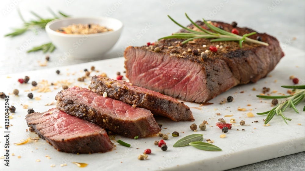 Sizzling beef slices on a white background with a hint of herbs and spices, restaurant style, aromatic ingredients, dry frying method Sizzling beef slices on a white background with a hint of herbs and spices, restaurant style, aromatic ingredients, dry frying method