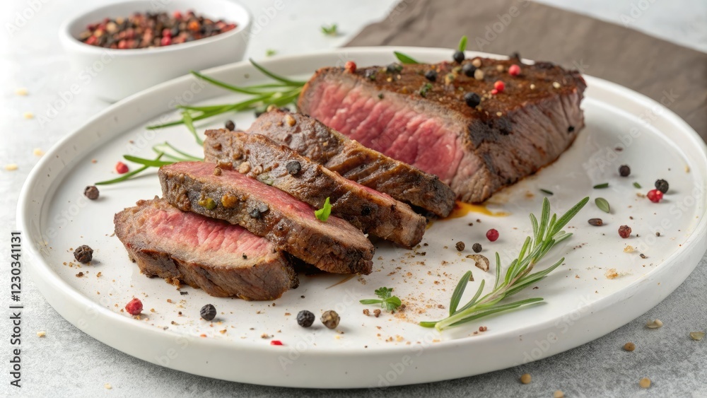 Sizzling beef slices on a white background with a hint of herbs and spices, savory meat, flavorful dish, restaurant style, aromatic ingredients Sizzling beef slices on a white background with a hint of herbs and spices, savory meat, flavorful dish, restaurant style, aromatic ingredients