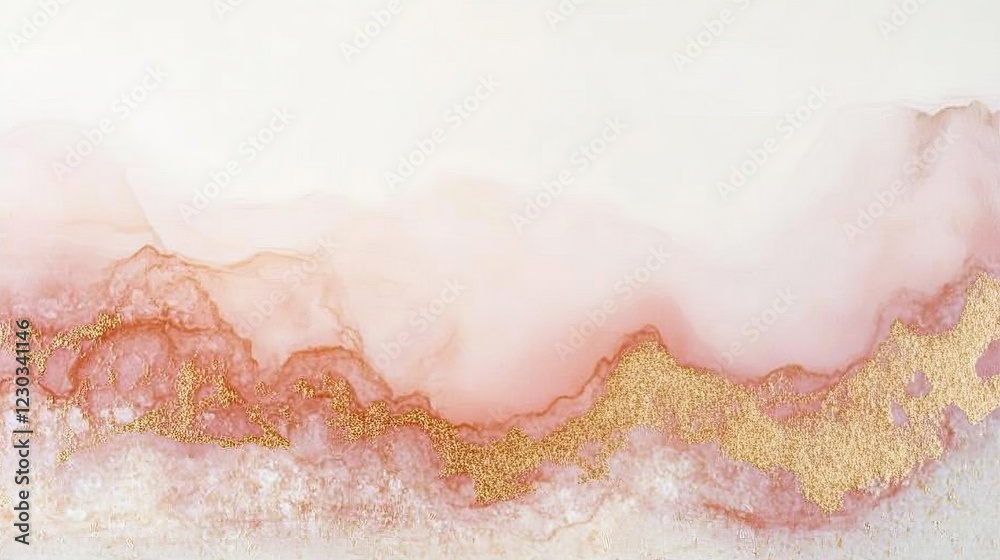Obraz premium An elegant abstract design featuring soft pink and white hues contrasted with intricate golden details, evoking a sense of luxury and tranquility.