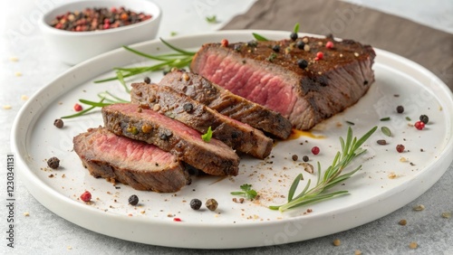 Sizzling beef slices on a white background with a hint of herbs and spices, savory meat, flavorful dish, restaurant style, aromatic ingredients