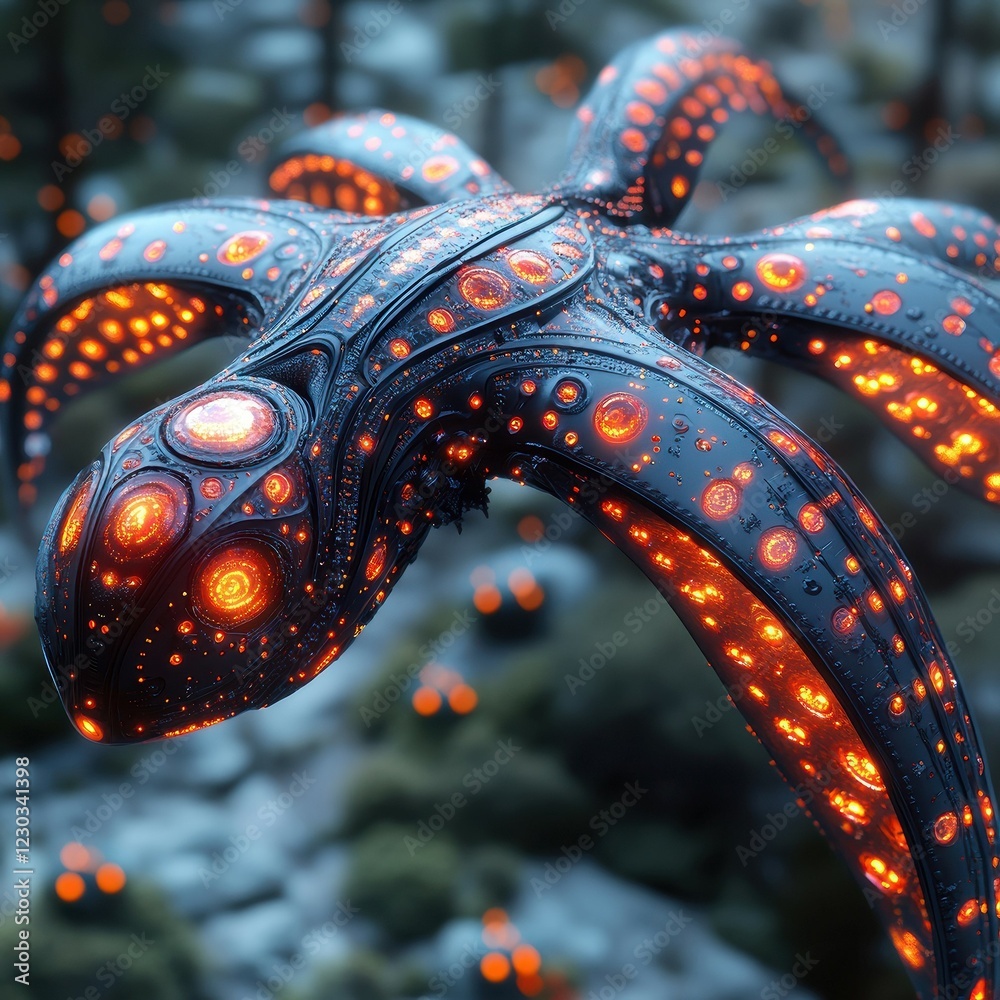 Obraz premium A floating, fantastical creature with tentacle-like appendages and glowing patterns is depicted in a rocky landscape dotted with sparse vegetation The creature has an ethereal glow wit - AI-generated