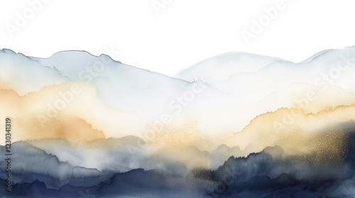 A serene watercolor landscape featuring soft layers of mountains in hues of blue, gold, and gray, creating a tranquil and dreamy atmosphere.