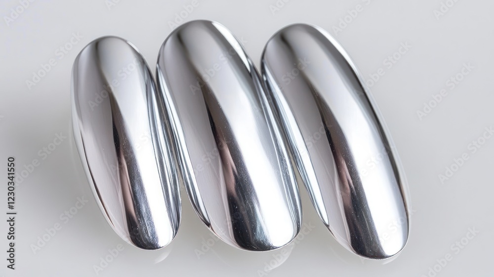 Three metallic silver oval shapes on white background.