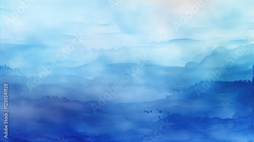 A soft blend of blues and light tones creates a serene, abstract landscape, evoking tranquility and calmness.