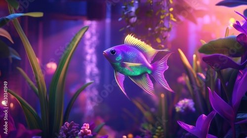 Vibrant iridescent fish swimming in a lush, purple aquatic plant environment.