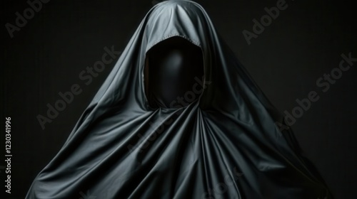 A shrouded figure, partially hidden in a hood, is captured against a deep black backdrop, exploring themes of anonymity and the hidden self in a dramatic fashion. photo