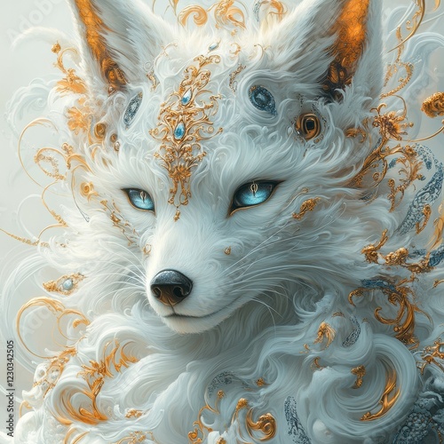 Detailed anthropomorphic fox illustration, predominantly white fur with gold and silver patterns, expressive blue eyes, black nose, subtle smile, opulent and fantastical background, hig - AI-generated photo