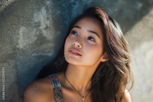 A thoughtful young woman gazes upward, lost in her thoughts in a serene setting. photo