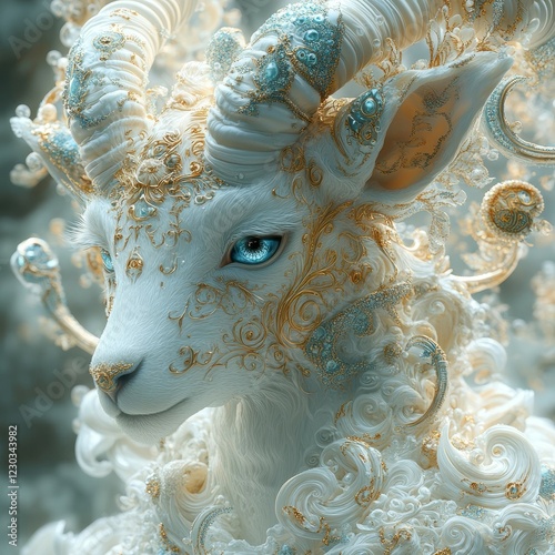 A stylized, mythical creature resembling a goat-human hybrid with intricate patterns, large horns adorned with gemstones, serene expression, and blue eyes - AI-generated photo