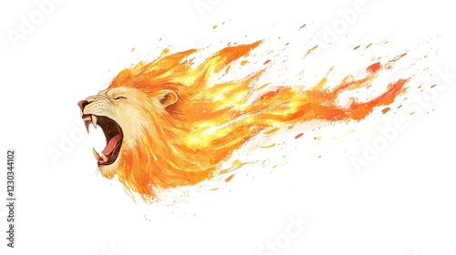 Artistic depiction of a roaring lion with flames radiating from its mane, symbolizing strength and power, set against a white isolated background. photo