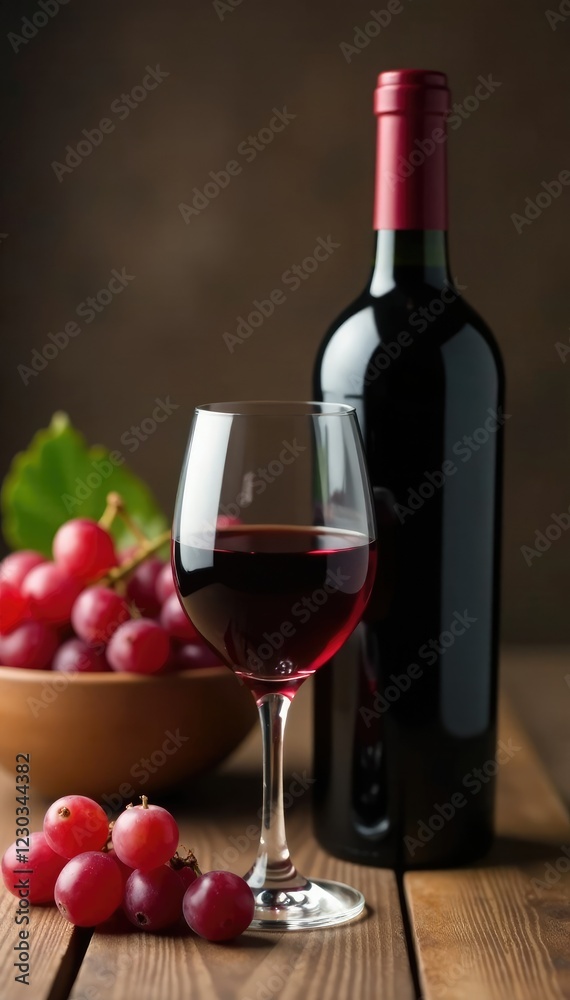 Fototapeta premium A glass of full-bodied red wine rests on a wooden surface next to a bowl of plump red grapes, wine bottle, natural