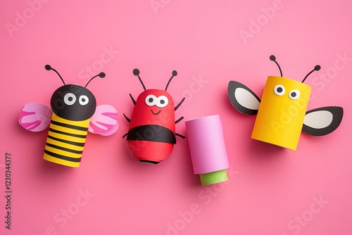 4 cute cardboard insects: a ladybug, a bee, a butterfly, and a bug on a pink background.