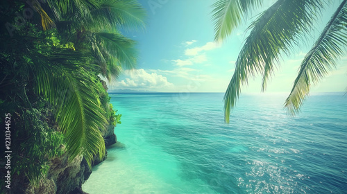 A beautiful beach scene with palm trees and a clear blue ocean