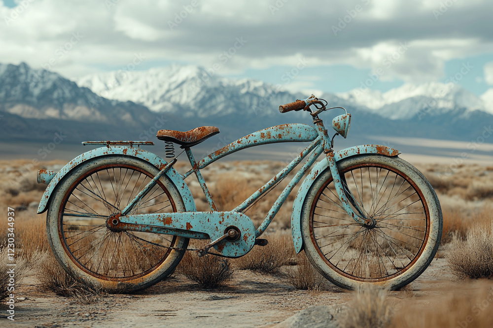 Fototapeta premium Rusty Vintage Bicycle Abandoned In Mountainous Desert