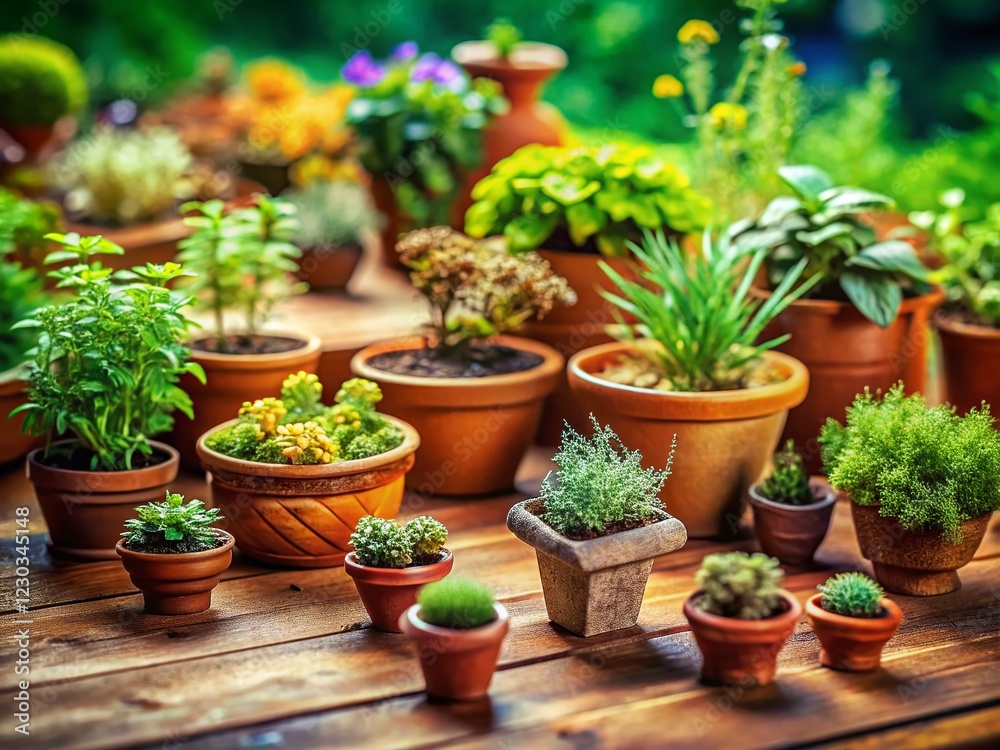 Monochrome Hand-Drawn Herbs in Pots: Tilt-Shift Miniature Garden Stock Photo Monochrome Hand-Drawn Herbs in Pots: Tilt-Shift Miniature Garden Stock Photo