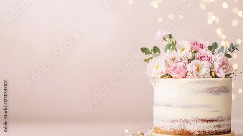 Romantic Naked Cake with Flowers: A delicate naked cake adorned with blush pink and white flowers, creating a romantic and elegant centerpiece perfect for a wedding, anniversary, or special occasion.