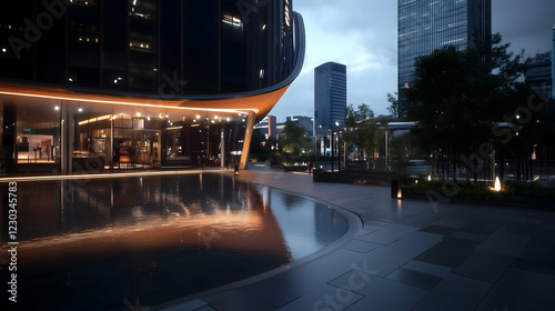 A city street with a large building in the background