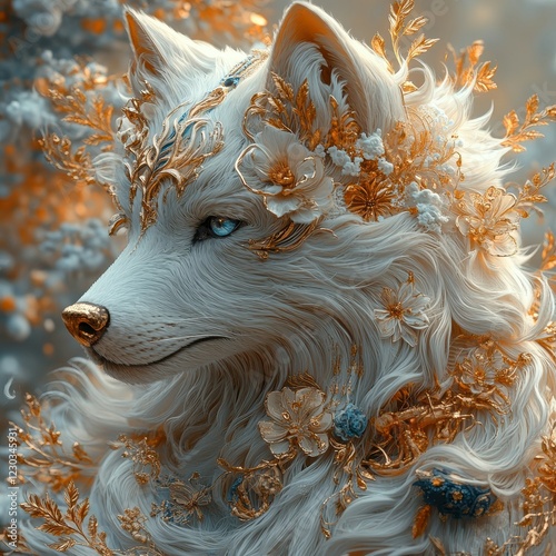 Anthropomorphic wolf character with human-like features and mystical golden fur, surrounded by floating leaves and flowers in a fantastical setting The artwork showcases intricate deta - AI-generated photo