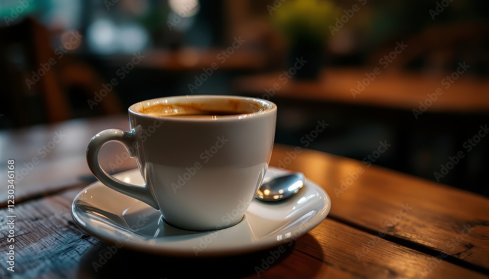 A steaming cup of coffee on a wooden table in a cozy cafe setting. A steaming cup of coffee on a wooden table in a cozy cafe setting.