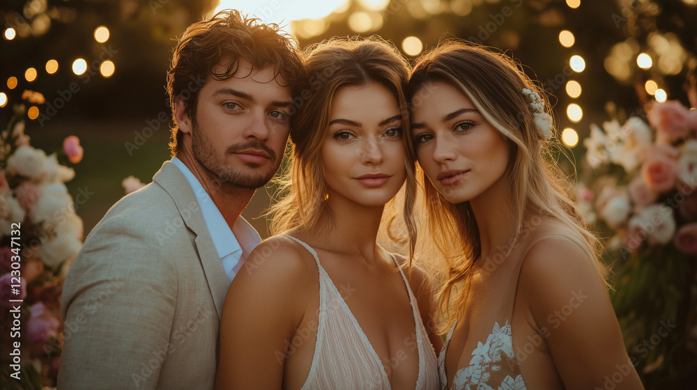 A group of three wedding photographers, one man and two women, wearing stylish casual outfits, standing in a dreamy outdoor wedding setting with blurred fairy lights and floral arrangements in the bac A group of three wedding photographers, one man and two women, wearing stylish casual outfits, standing in a dreamy outdoor wedding setting with blurred fairy lights and floral arrangements in the bac