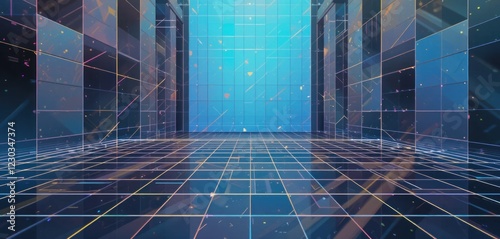 Abstract futuristic space with grid floor and walls with geometric patterns and colorful highlights