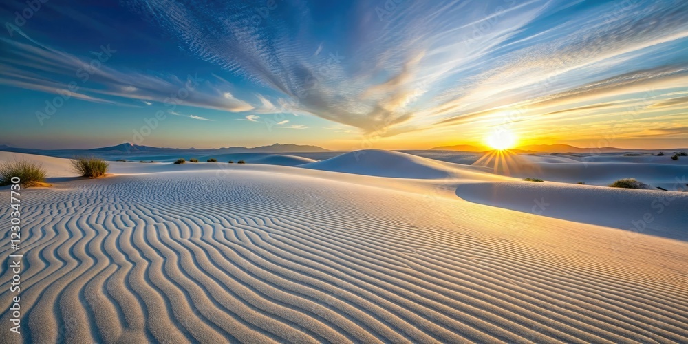 Naklejka premium Soft white sand dunes stretching towards the horizon at sunset, beach landscape, warm colors, natural scenery, sunsets, peaceful ambiance