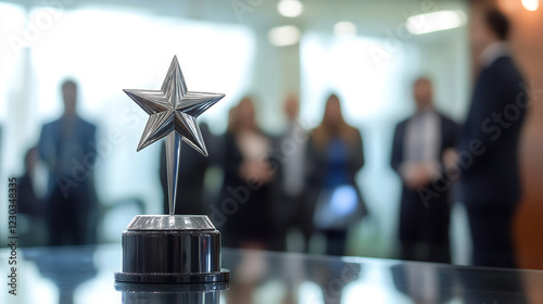 Close-up of a star trophy on a table in an office, with blurred business people in the background, symbolizing achievement, recognition, and success in the workplace.
