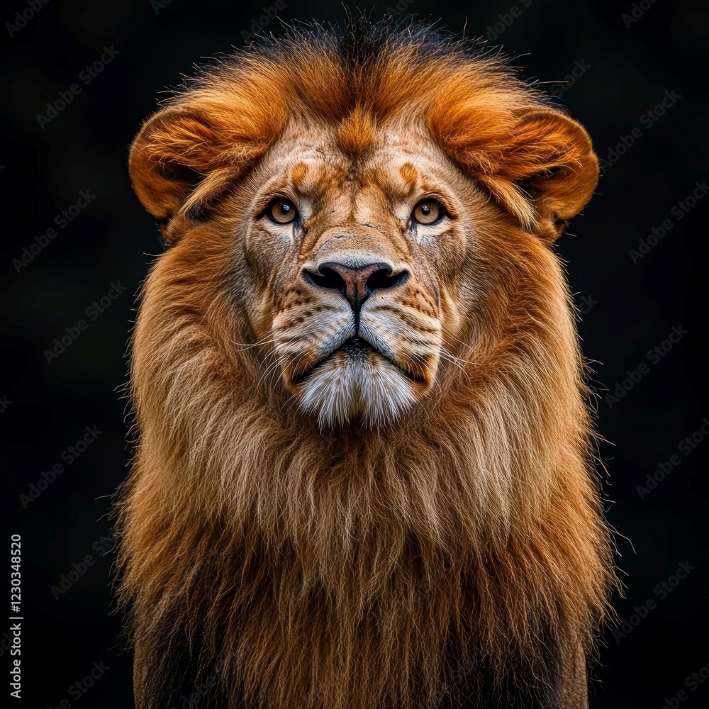 Fototapeta premium A focused, mature male lion is seen in an outdoor setting, with dark fur and a beige mane The image highlights the lions attentiveness and natural environment - AI-generated